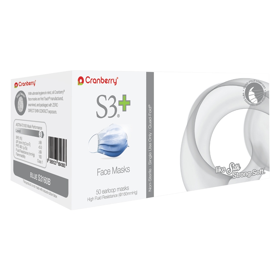 Cranberry S3160K S3+ Plus Black Earloop Face Masks – ASTM Level 3, 50 Per Pack