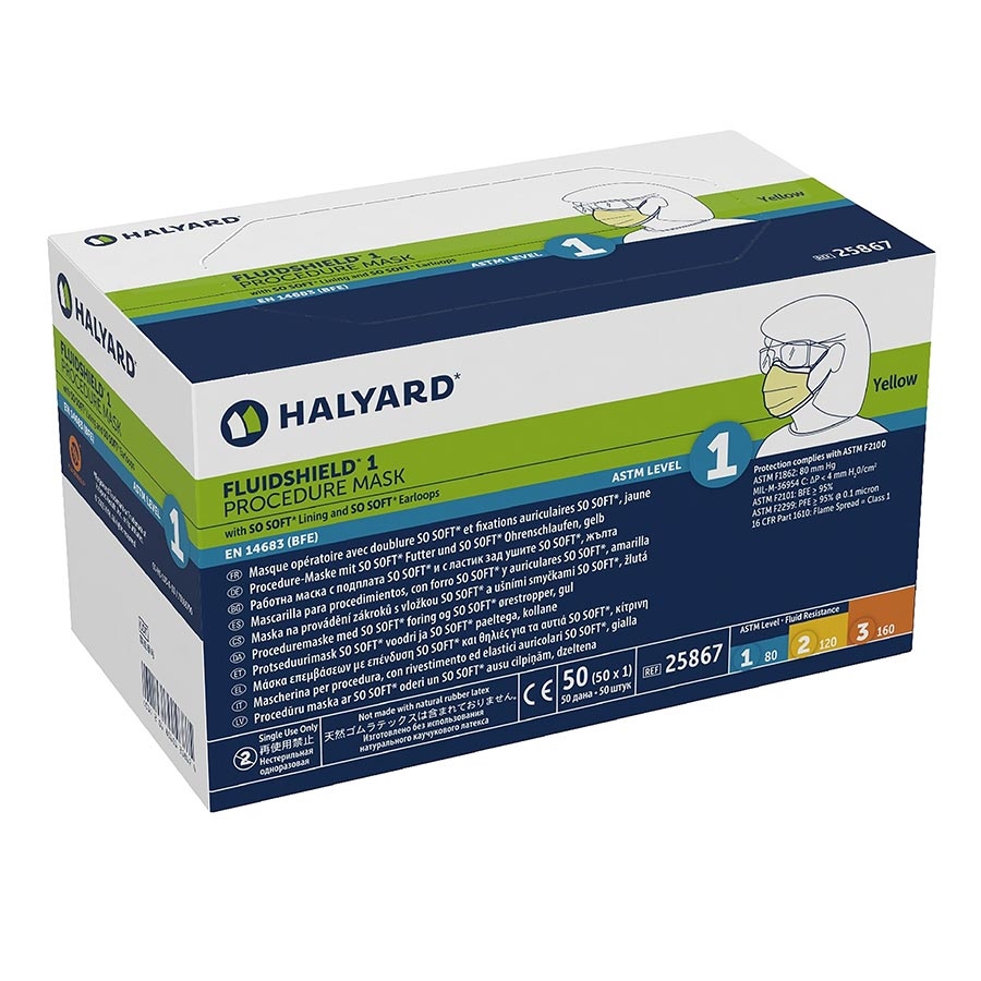 50 Masques Chirurgicaux Halyard FluidShield ASTM Niveau 1 - Bleu, Valide Jusqu'à 04/2025