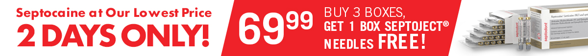 Septocaine at Our Lowest Price 2 Days Only! $69.99 Buy 3 Boxes Get 1 Box Septoject Needles Free!